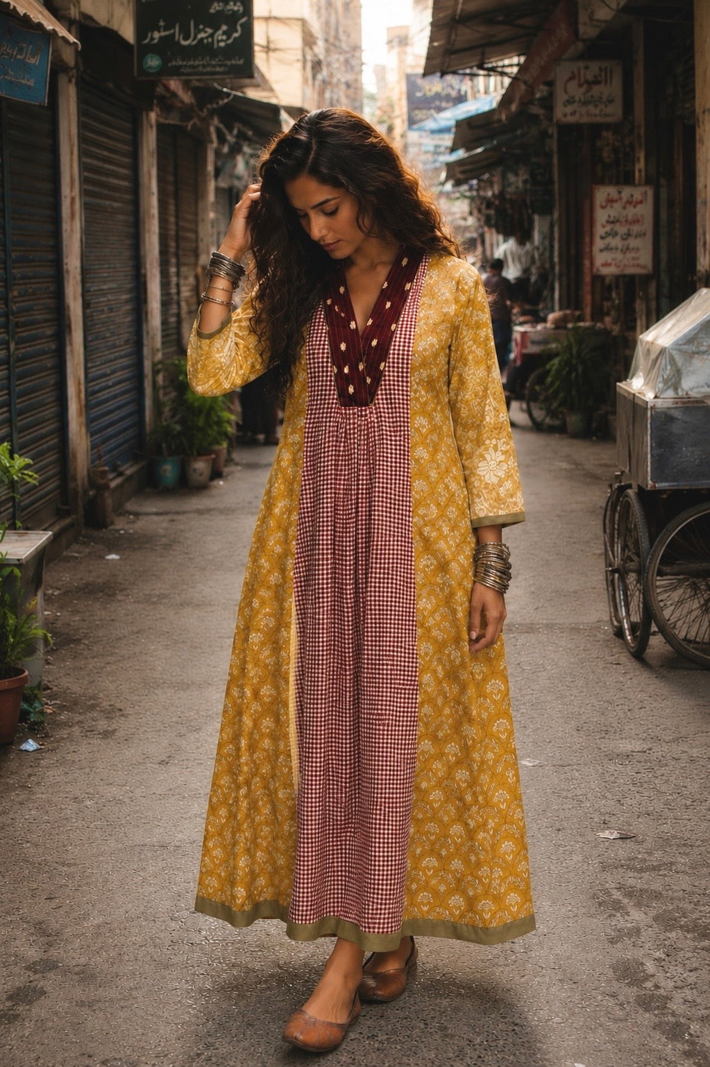 MUSTARD PANELLED COTTON DRESS