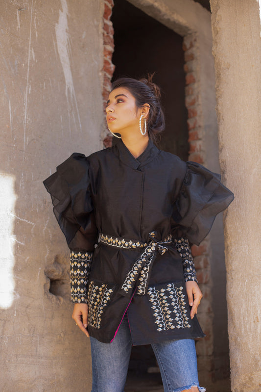 BLACK HANDBLOCKED WRAP