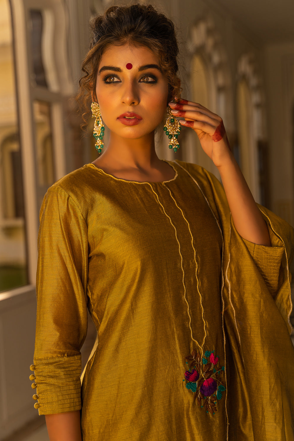 MUSTARD GOLD PURE CHANDERI SUIT SET