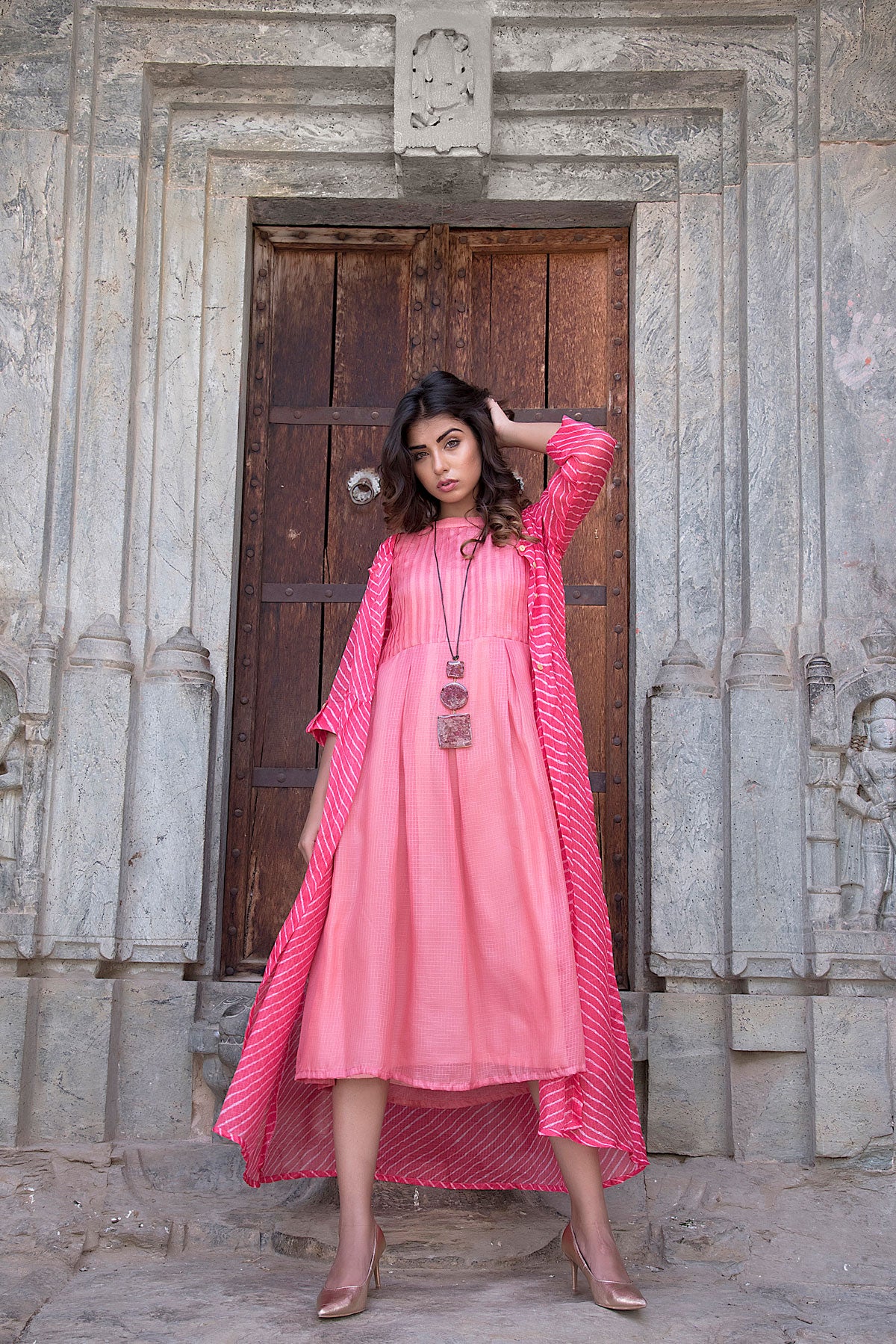 CORAL PINK JACKET WITH PEACH DRESS