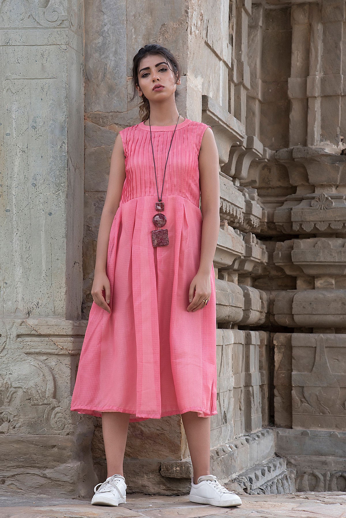 PEACH PINTEXED SLEEVELESS DRESS