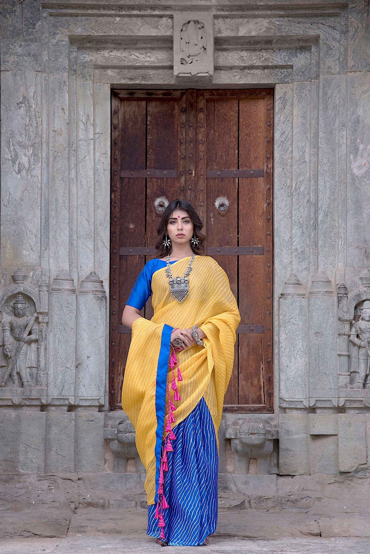YELLOW BLUE TASSEL SAREE