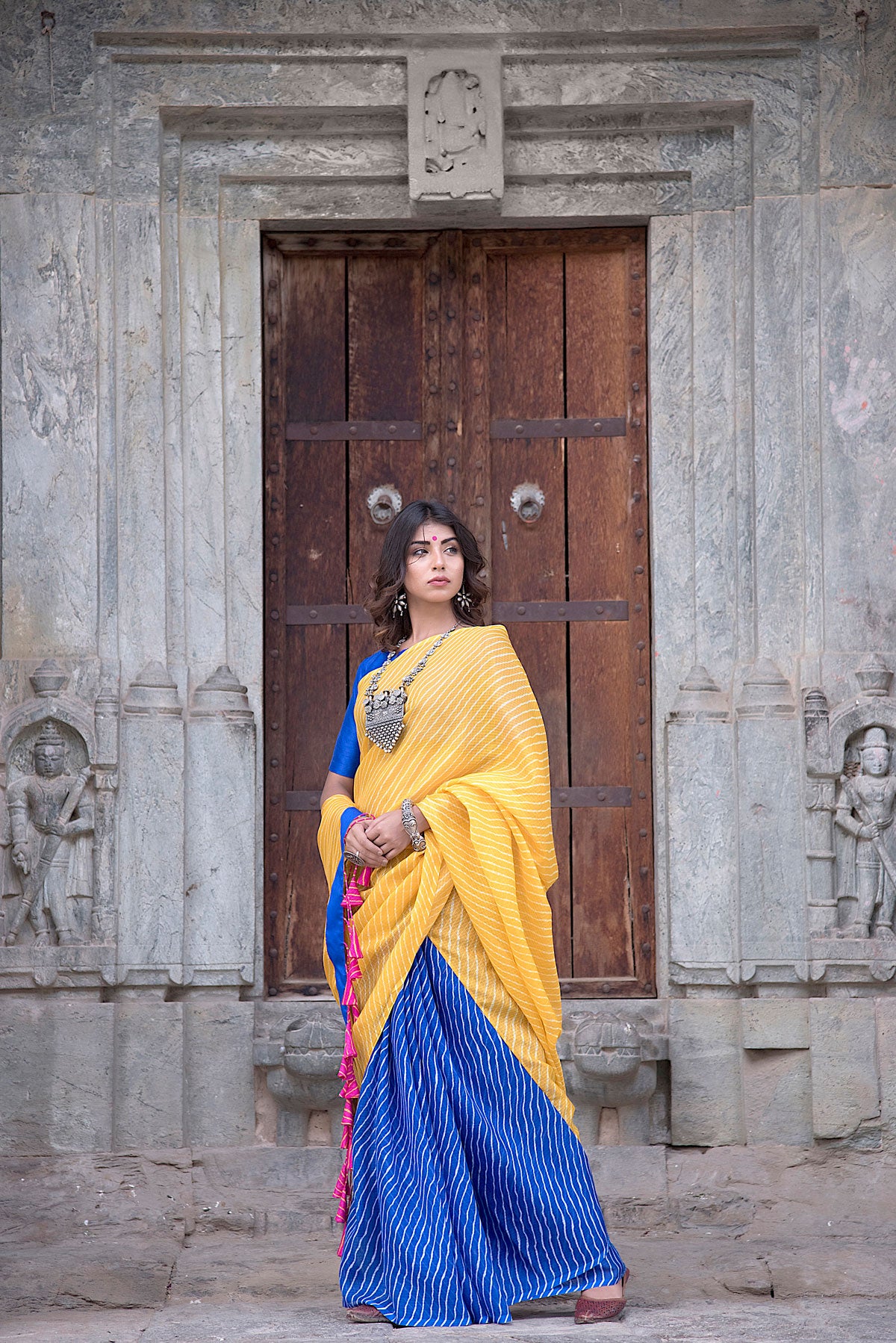 YELLOW BLUE TASSEL SAREE