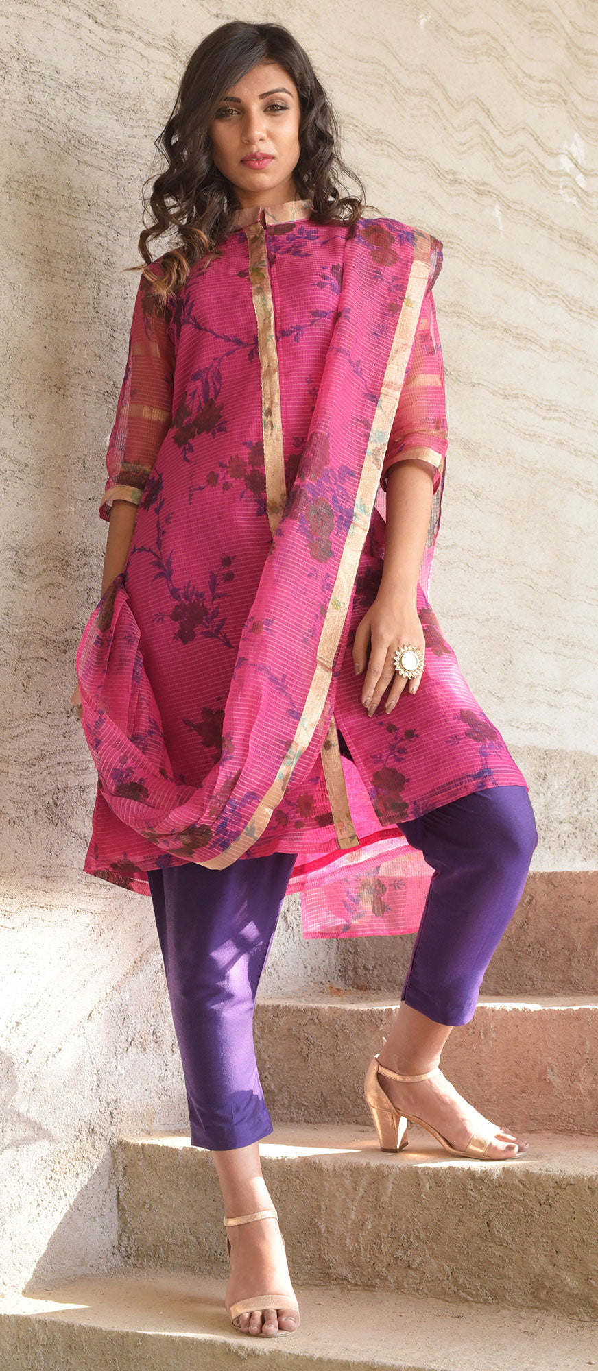 FUSCIA PREDRAPE KURTA SET