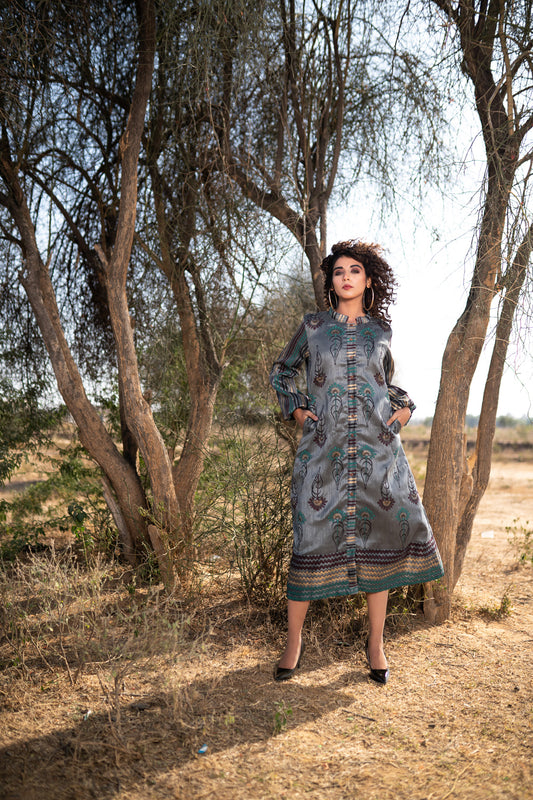 GREY SILK HAND BLOCKED JACKET / DRESS