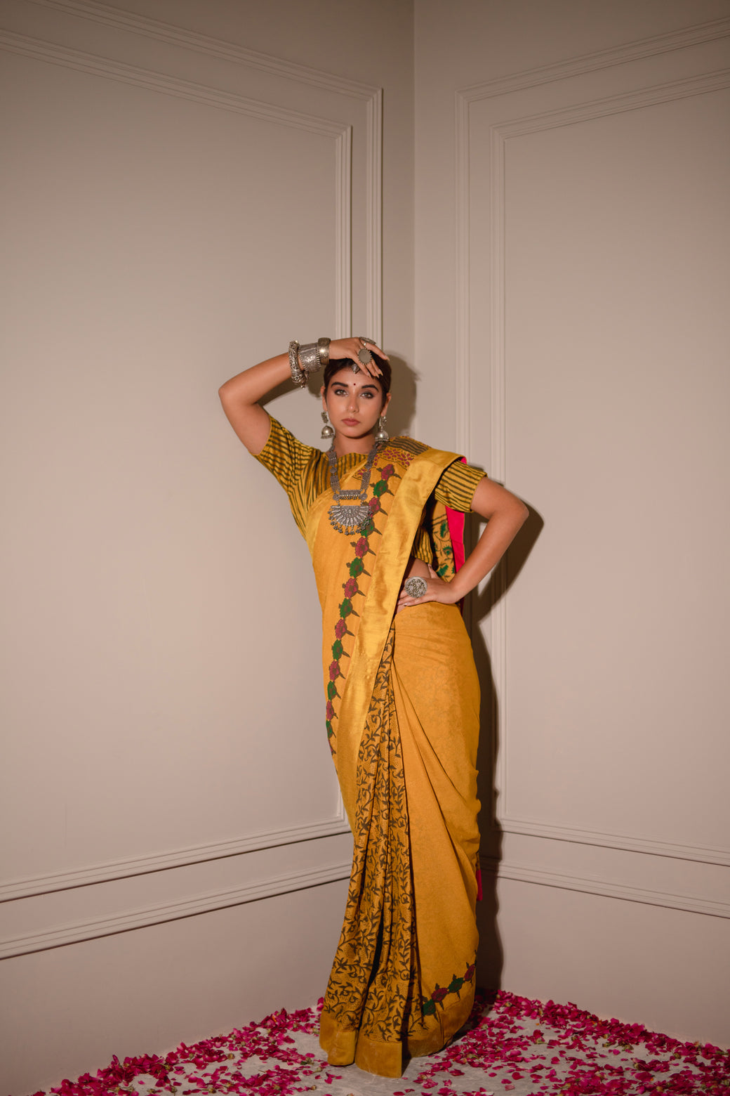 MUSTARD HAND BLOCKED SAREE SET