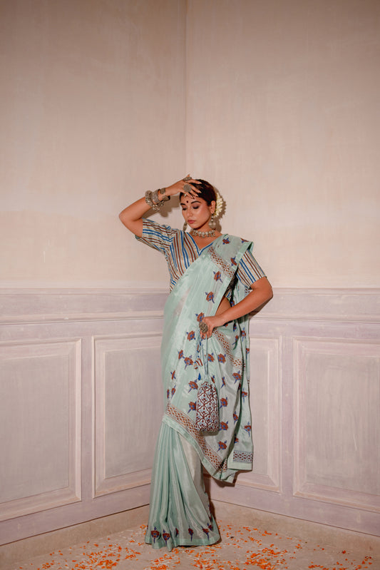 PASTEL BLUE HAND BLOCKED SAREE SET