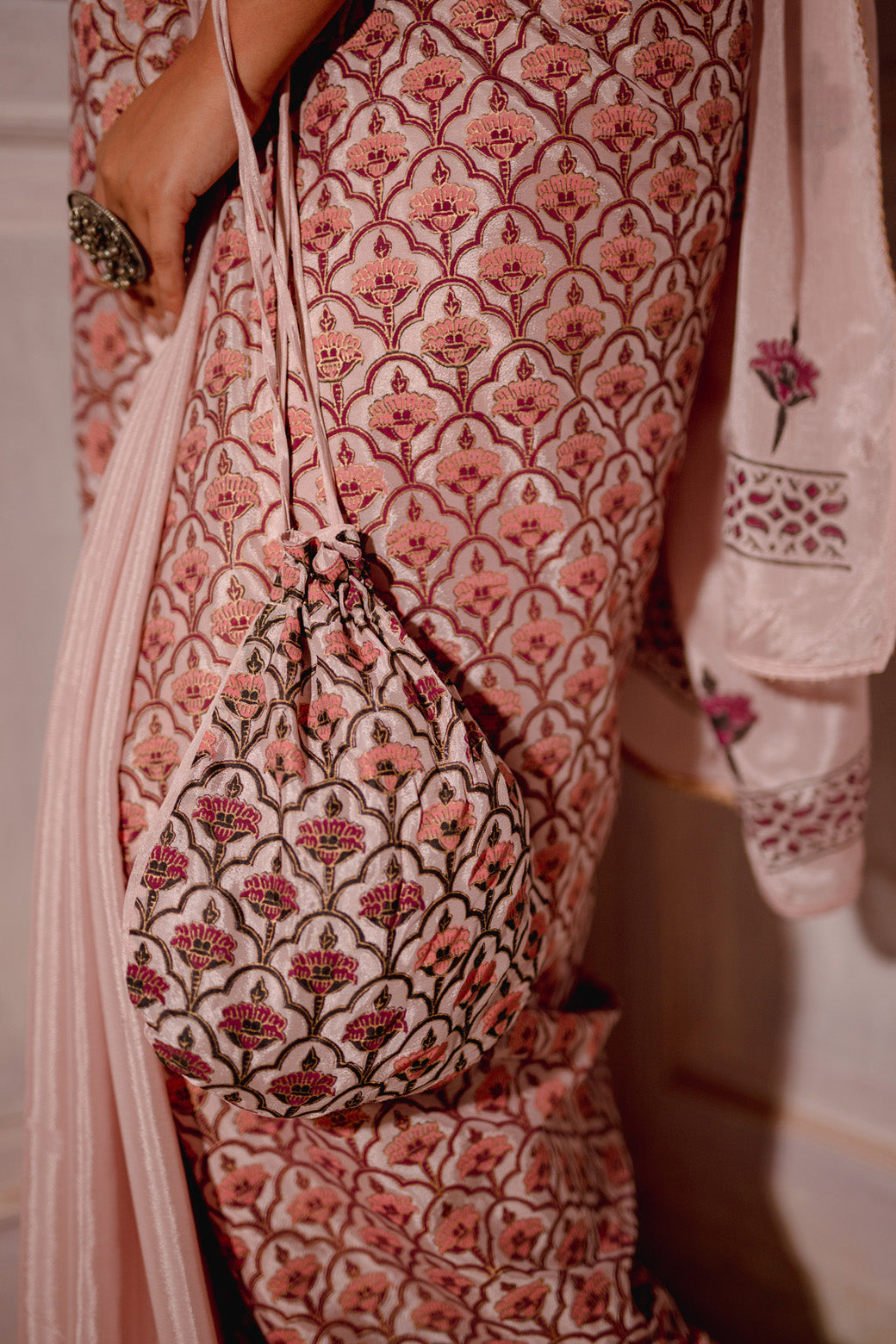 BLUSH PINK HAND BLOCKED SAREE SET