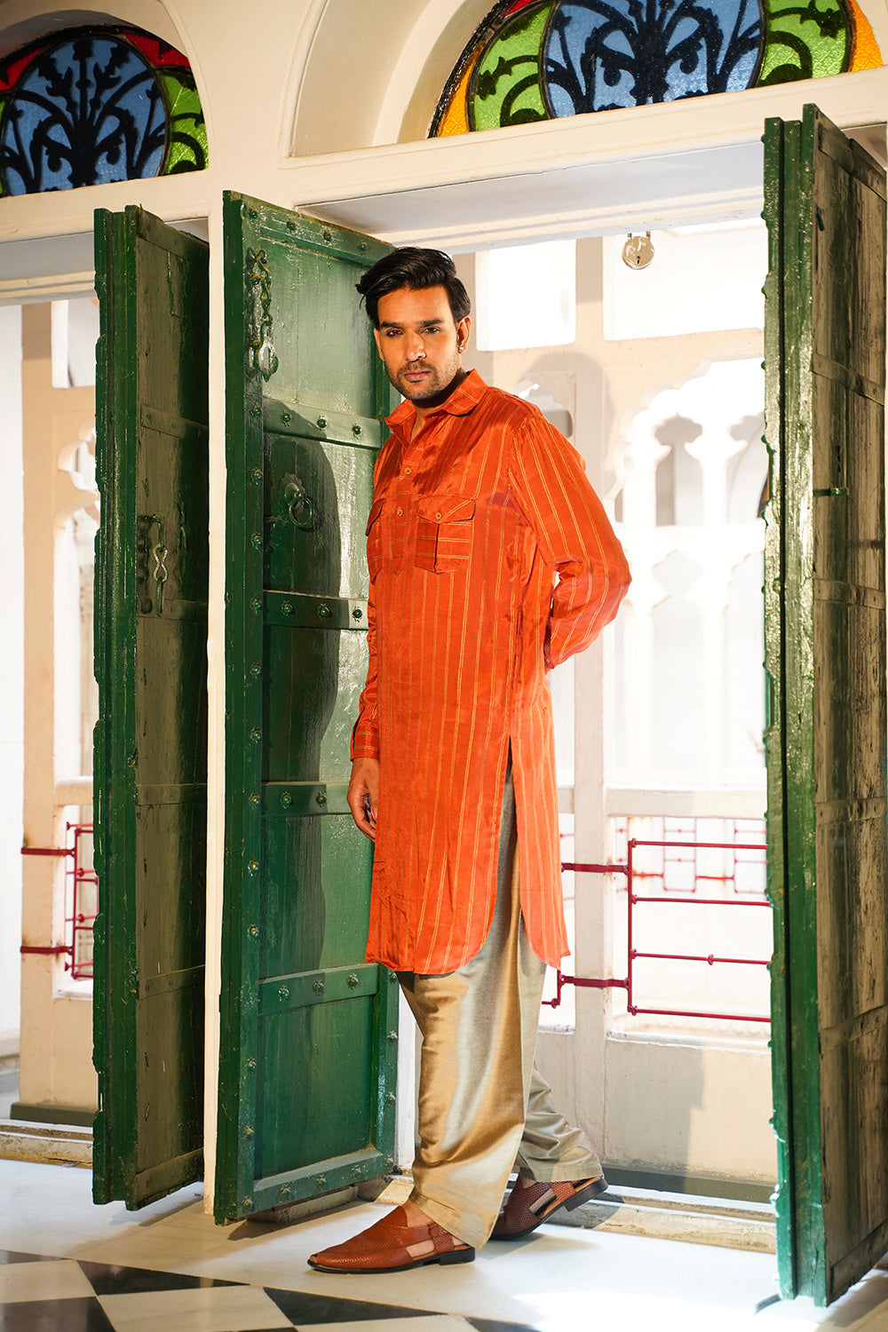 RUST STRIPED MEN'S PATHANI SET