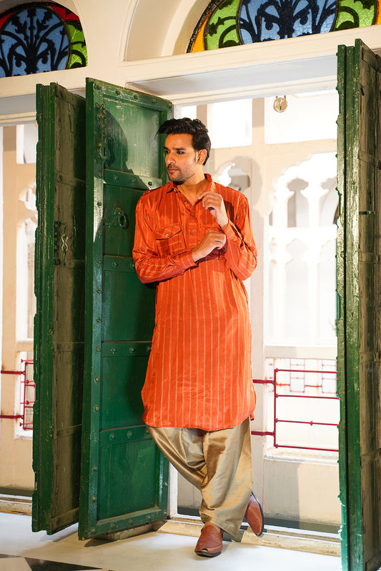 RUST STRIPED MEN'S PATHANI SET