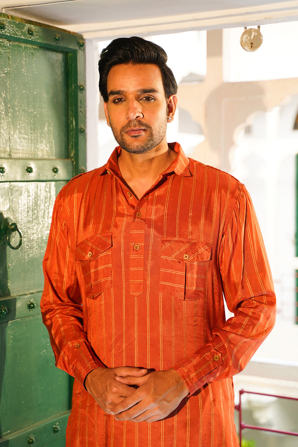 RUST STRIPED MEN'S PATHANI SET