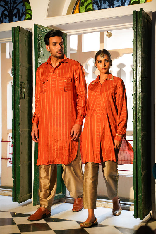 RUST STRIPED COUPLE PATHANI SET