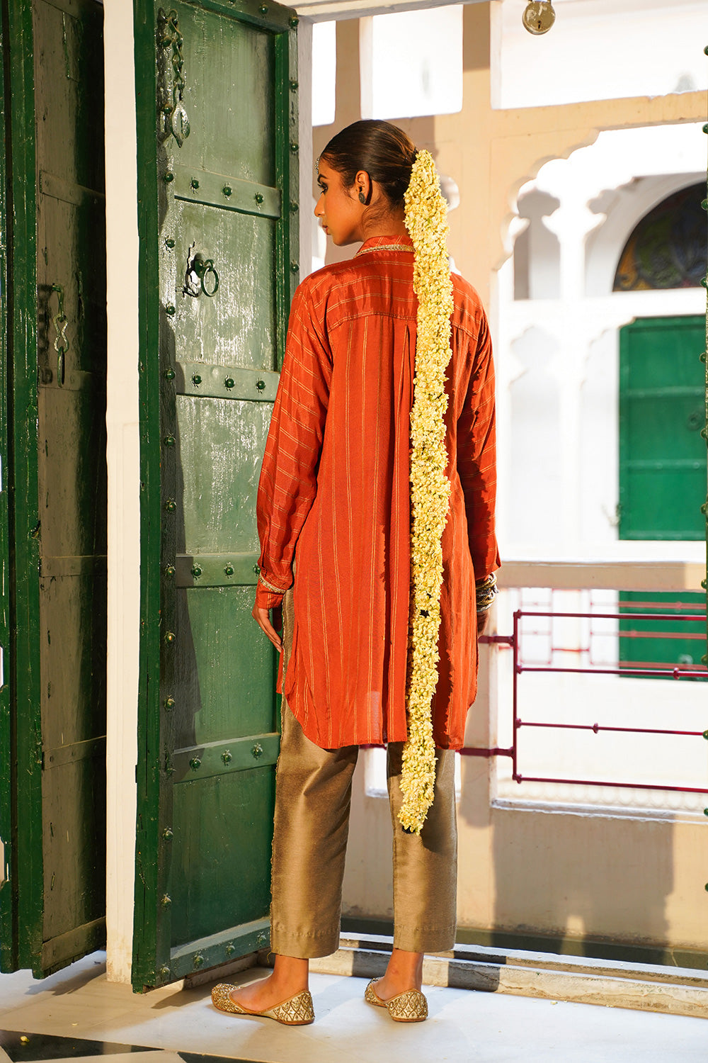 RUST STRIPED WOMEN'S PATHANI SET