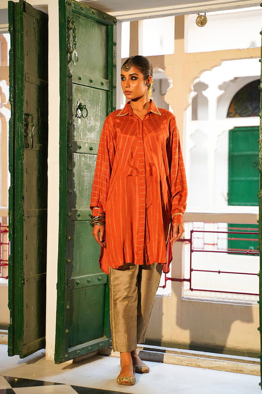RUST STRIPED WOMEN'S PATHANI SET
