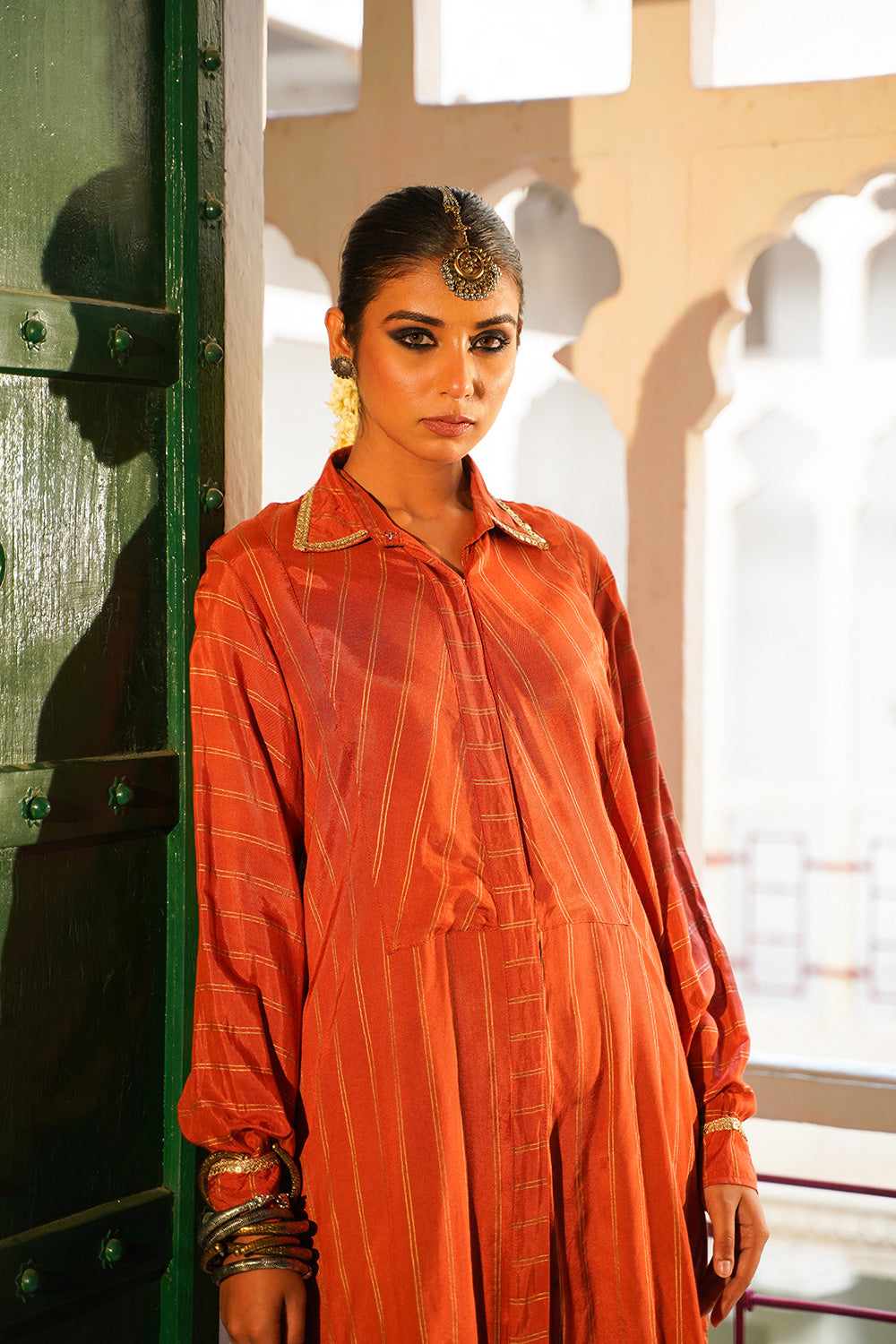 RUST STRIPED WOMEN'S PATHANI SET