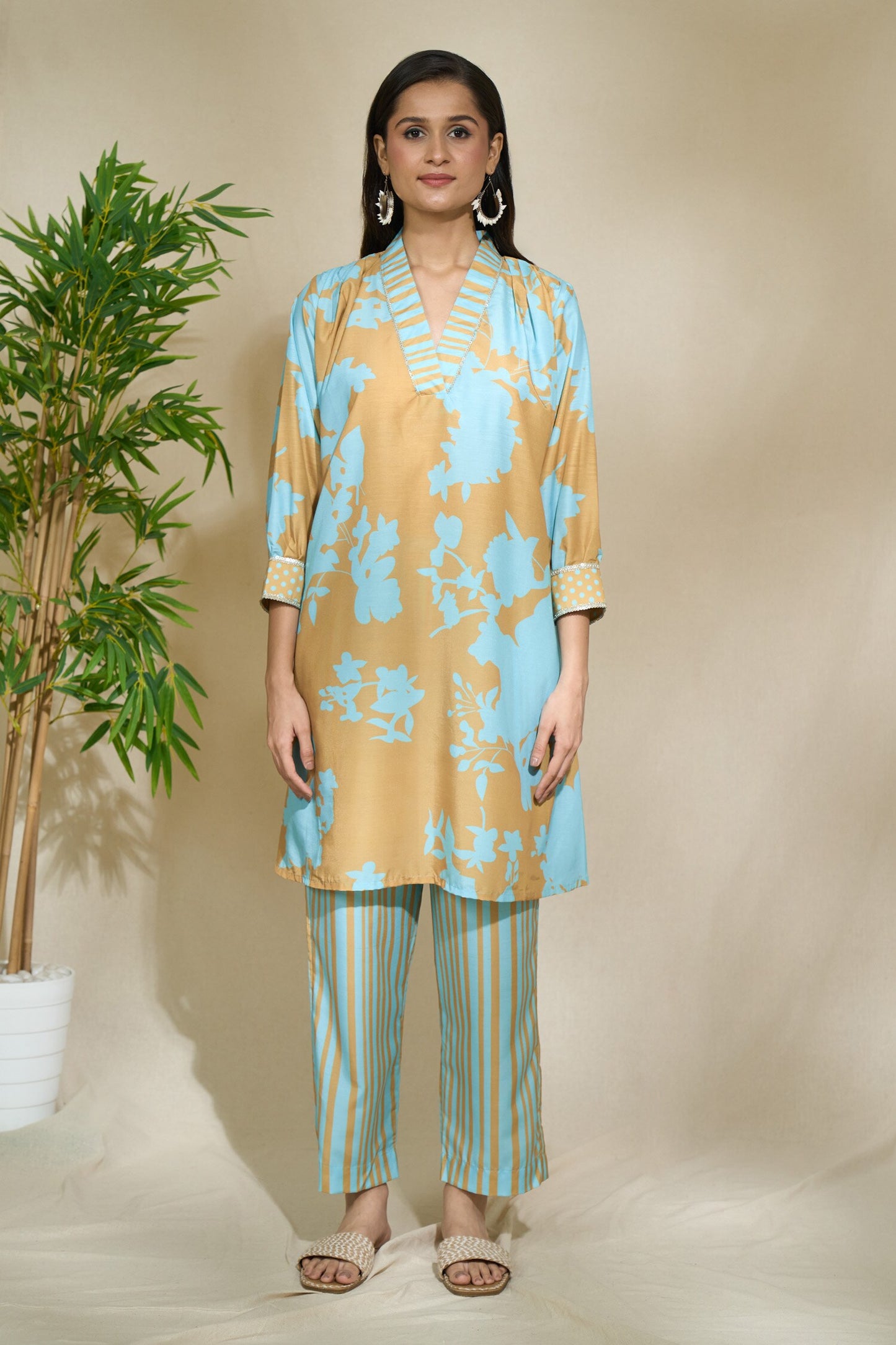 MUSTARD TRI PRINT TUNIC SET