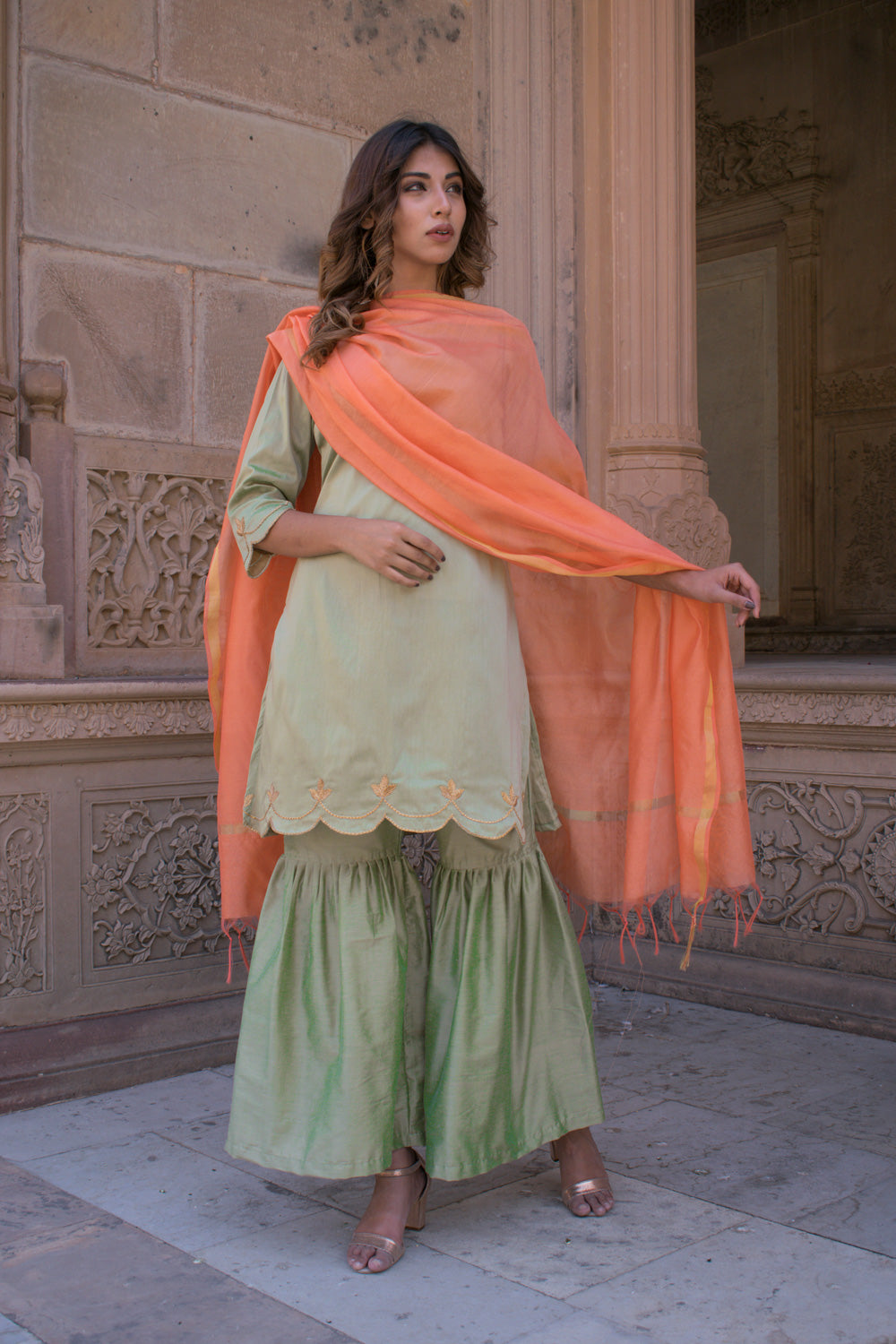 OLIVE GHARARA CUTWORK SET