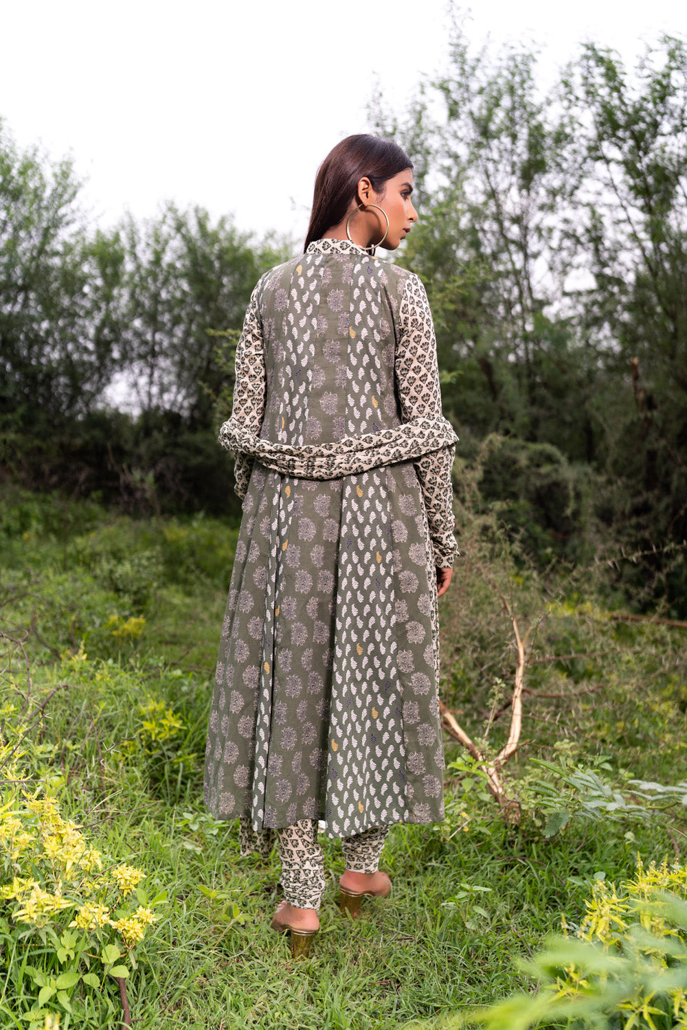 OLIVE MULTIPRINT ANARKALI SET