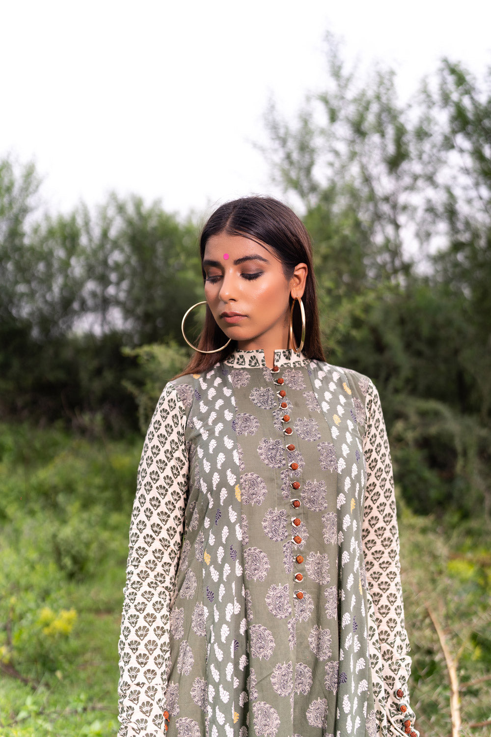 OLIVE MULTIPRINT ANARKALI SET