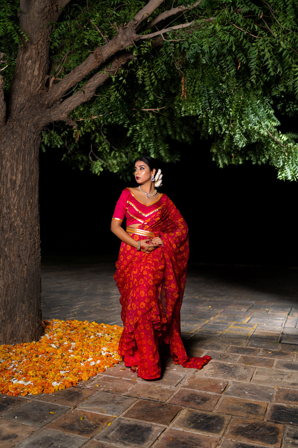 PINK FLORAL RUFFLE SAREE