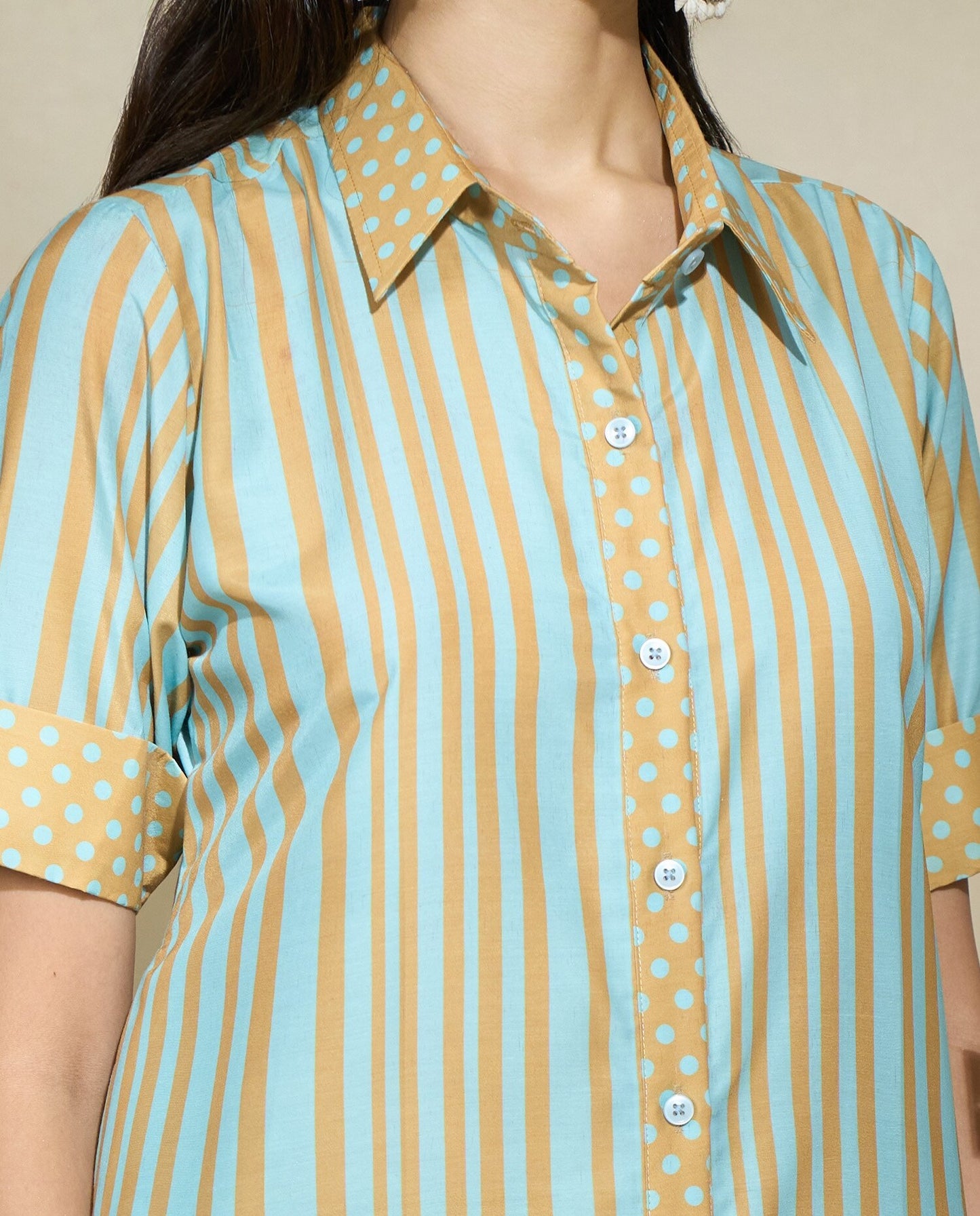 MUSTARD TRI PRINT LONG SHIRT SET