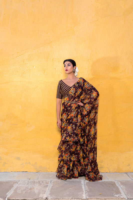 VINTAGE BROWN RUFFLE SAREE