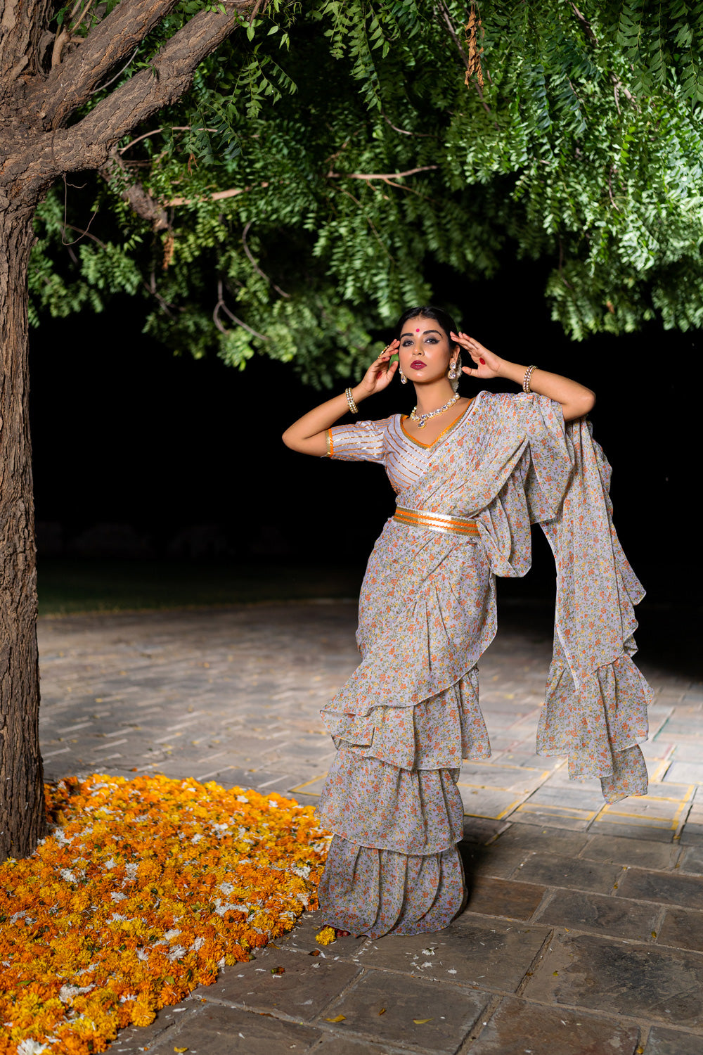 VINTAGE GREY RUFFLE SAREE