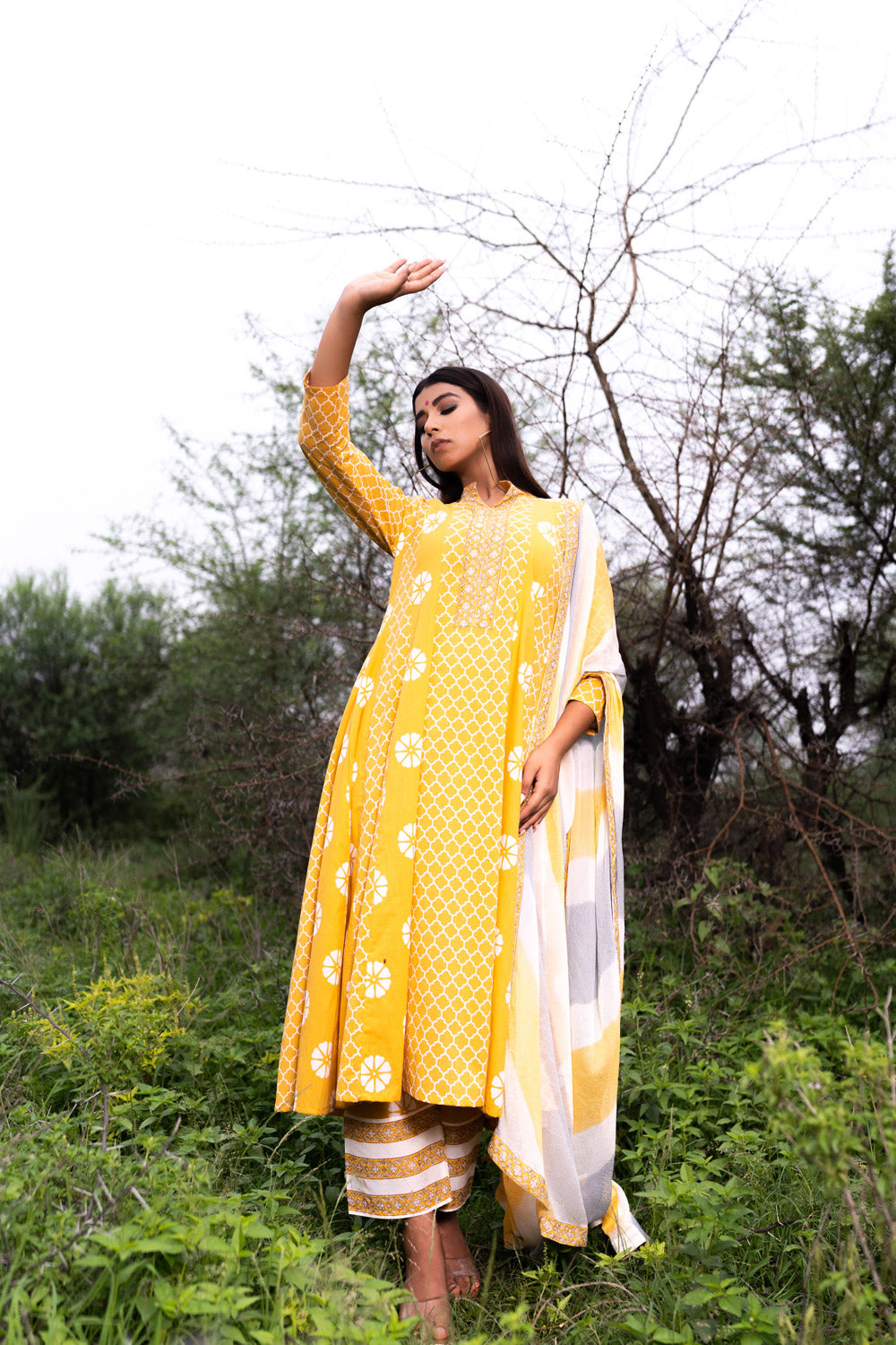 YELLOW MULTIPRINT ANARKALI SET