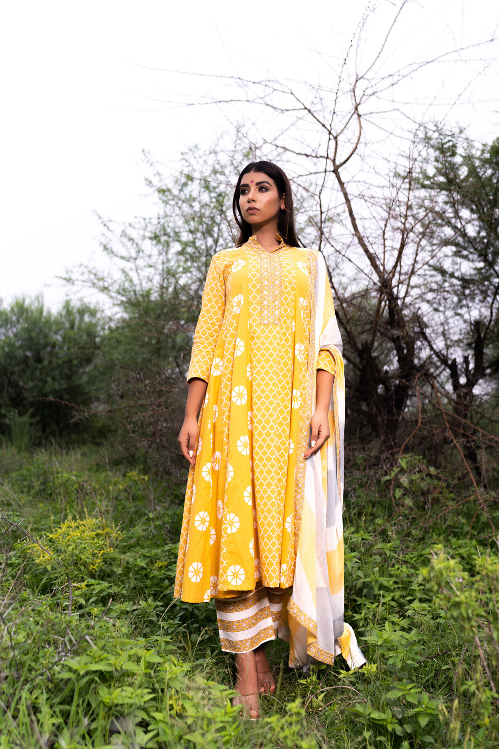 YELLOW MULTIPRINT ANARKALI SET
