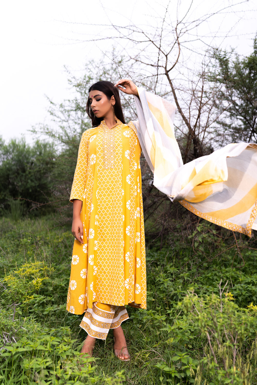 YELLOW MULTIPRINT ANARKALI SET