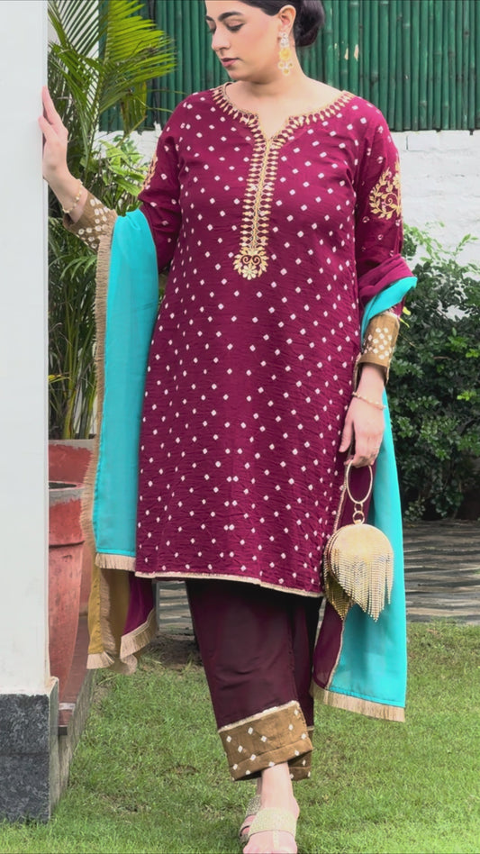 MAROON BANDHEJ GOTAPATTI SET