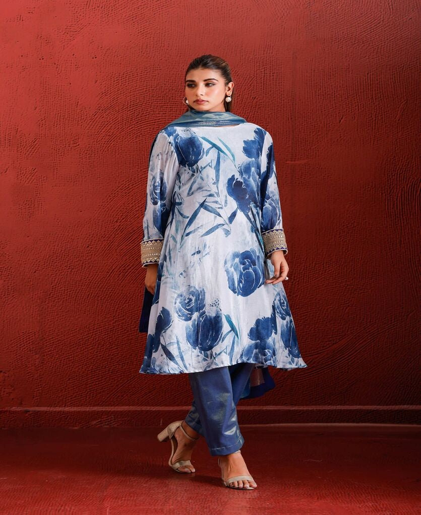BLUE FLORAL COTTON MARODI SUIT SET