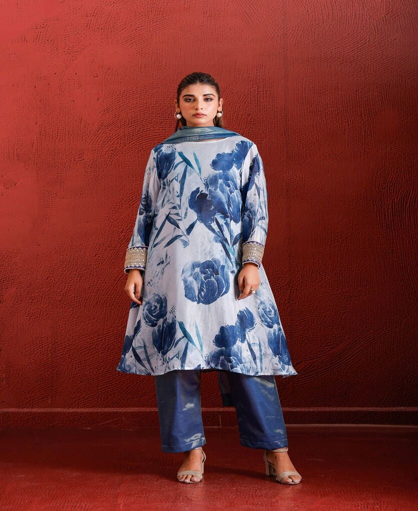 BLUE FLORAL COTTON MARODI SUIT SET