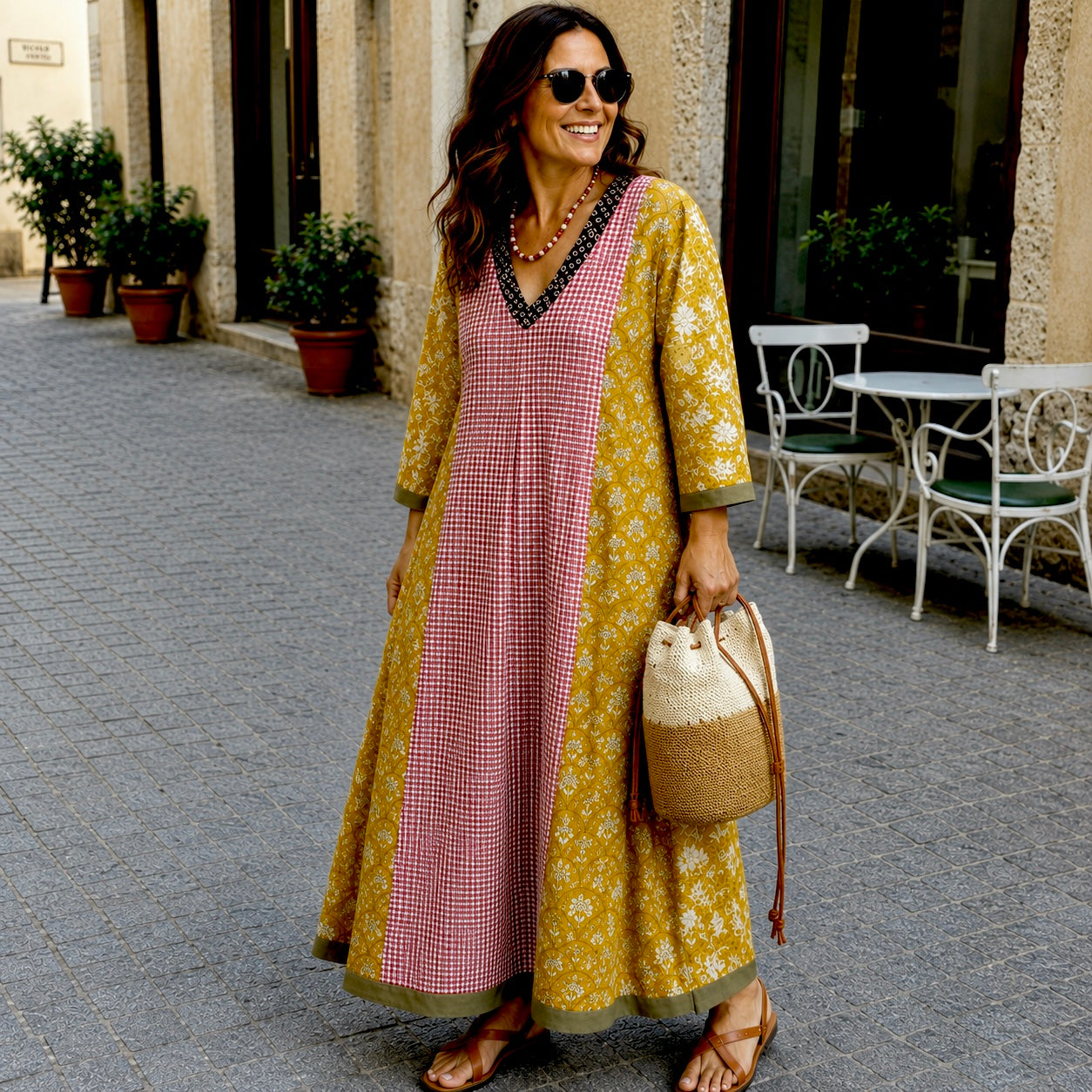 MUSTARD PANELLED COTTON DRESS
