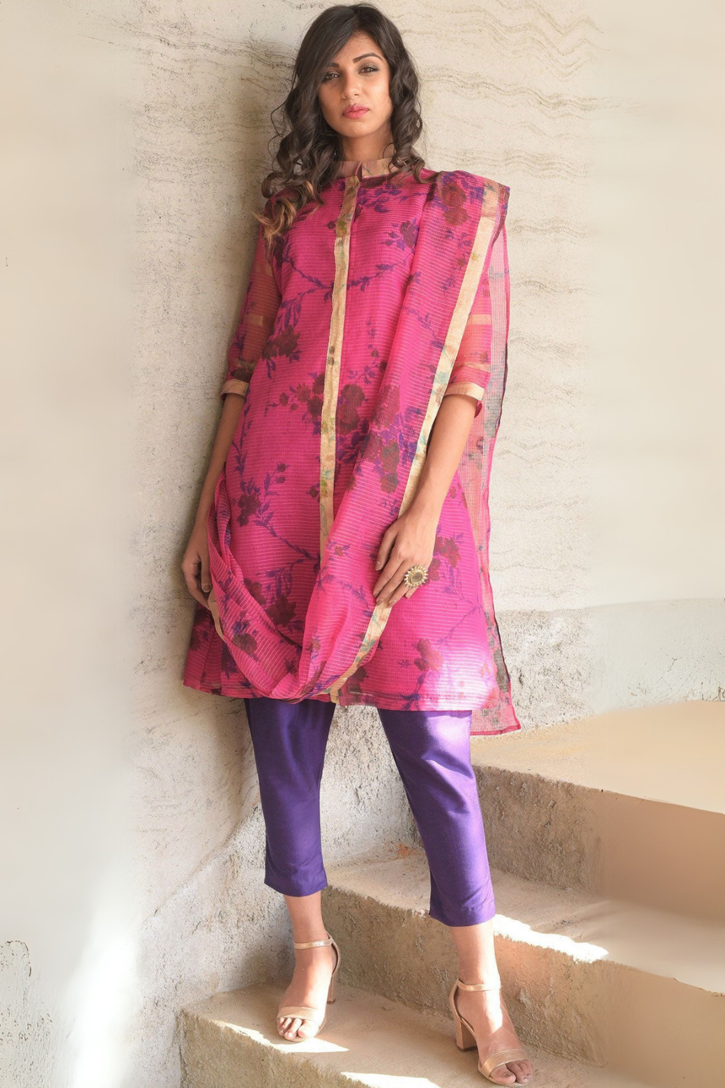 FUSCIA PREDRAPE KURTA SET
