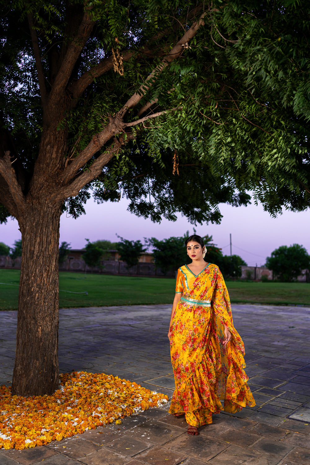 BURNT YELLOW RUFFLE SAREE