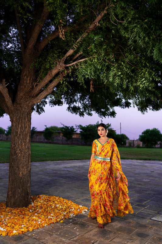 BURNT YELLOW RUFFLE SAREE