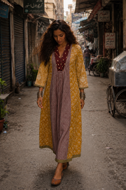 MUSTARD PANELLED COTTON DRESS