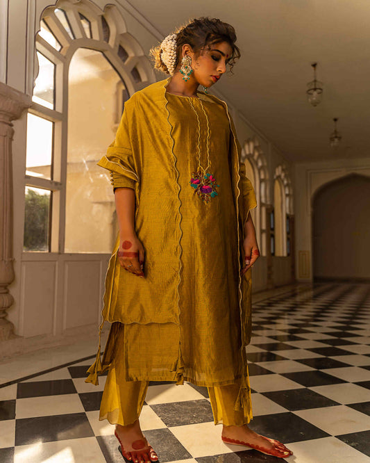 MUSTARD GOLD PURE CHANDERI SUIT SET