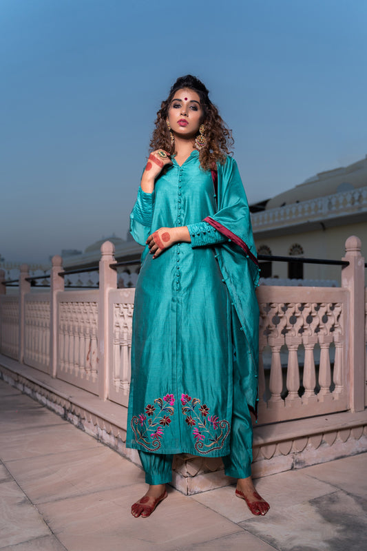 AQUA GREEN EMBROIDERED SUIT