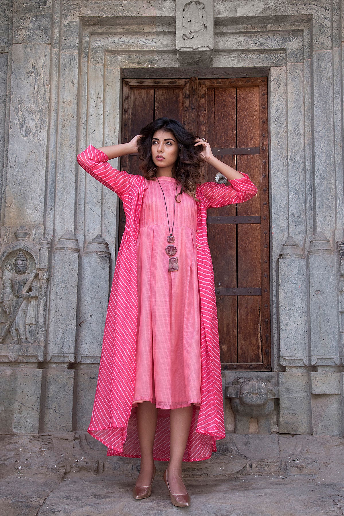 CORAL PINK JACKET WITH PEACH DRESS