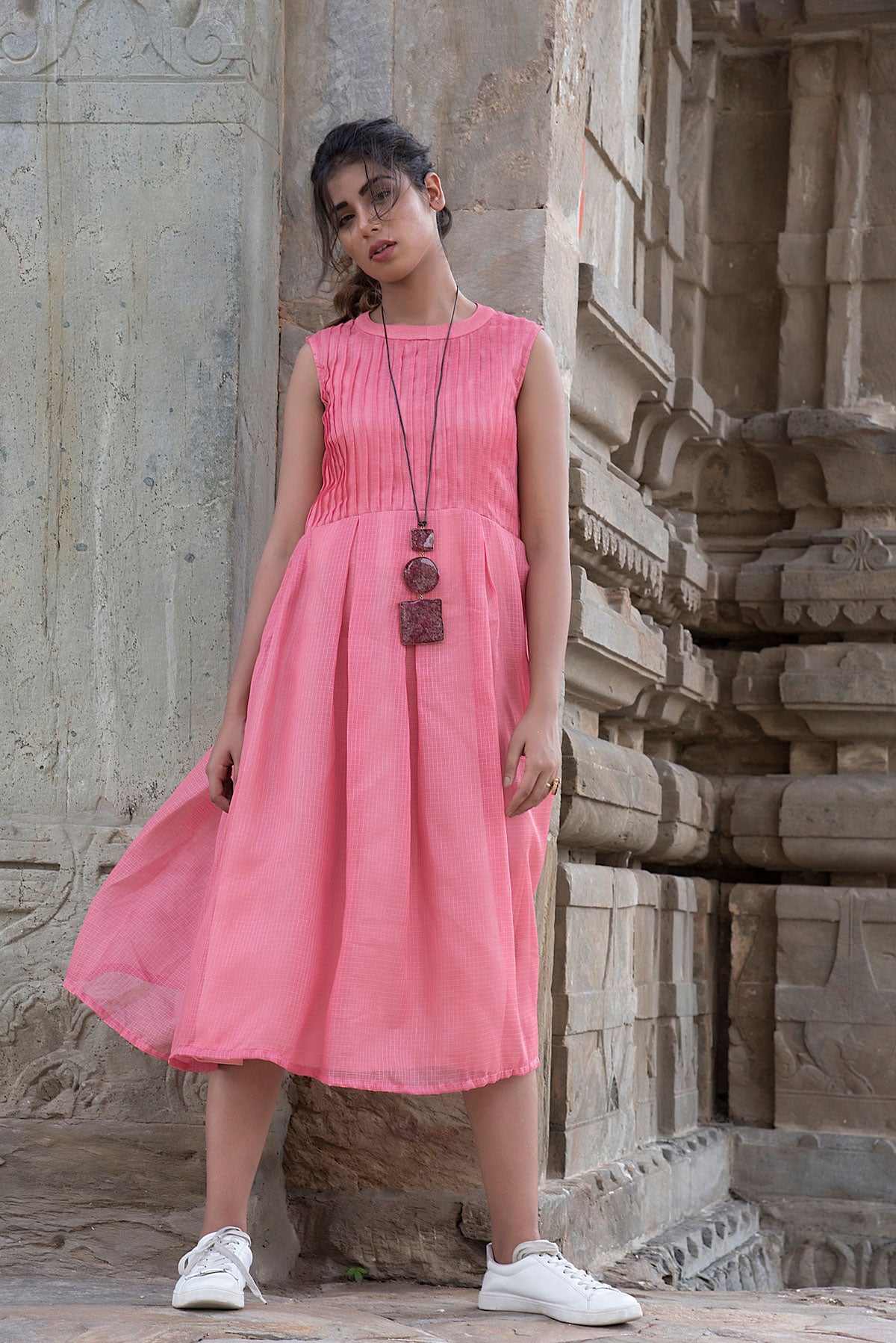 PEACH PINTEXED SLEEVELESS DRESS