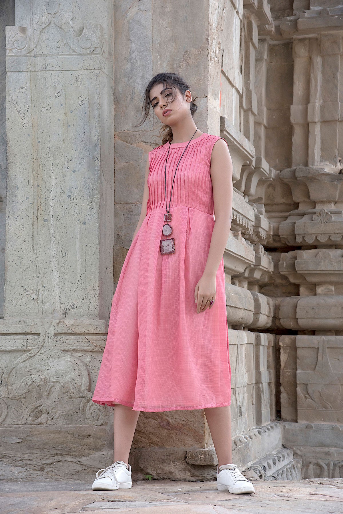 PEACH PINTEXED SLEEVELESS DRESS