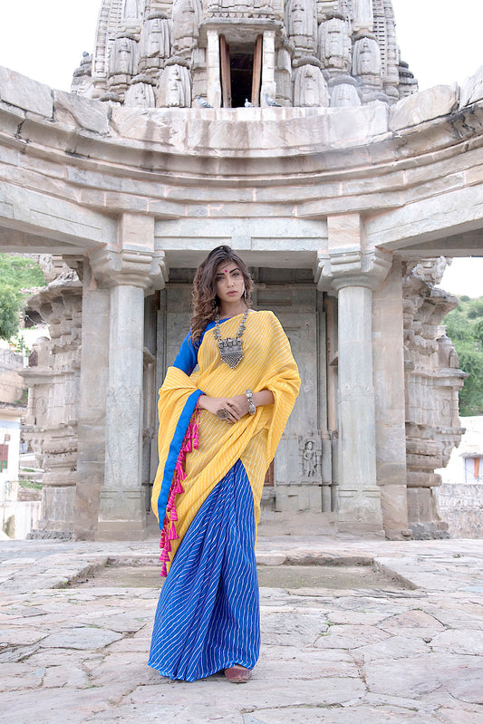 YELLOW BLUE TASSEL SAREE