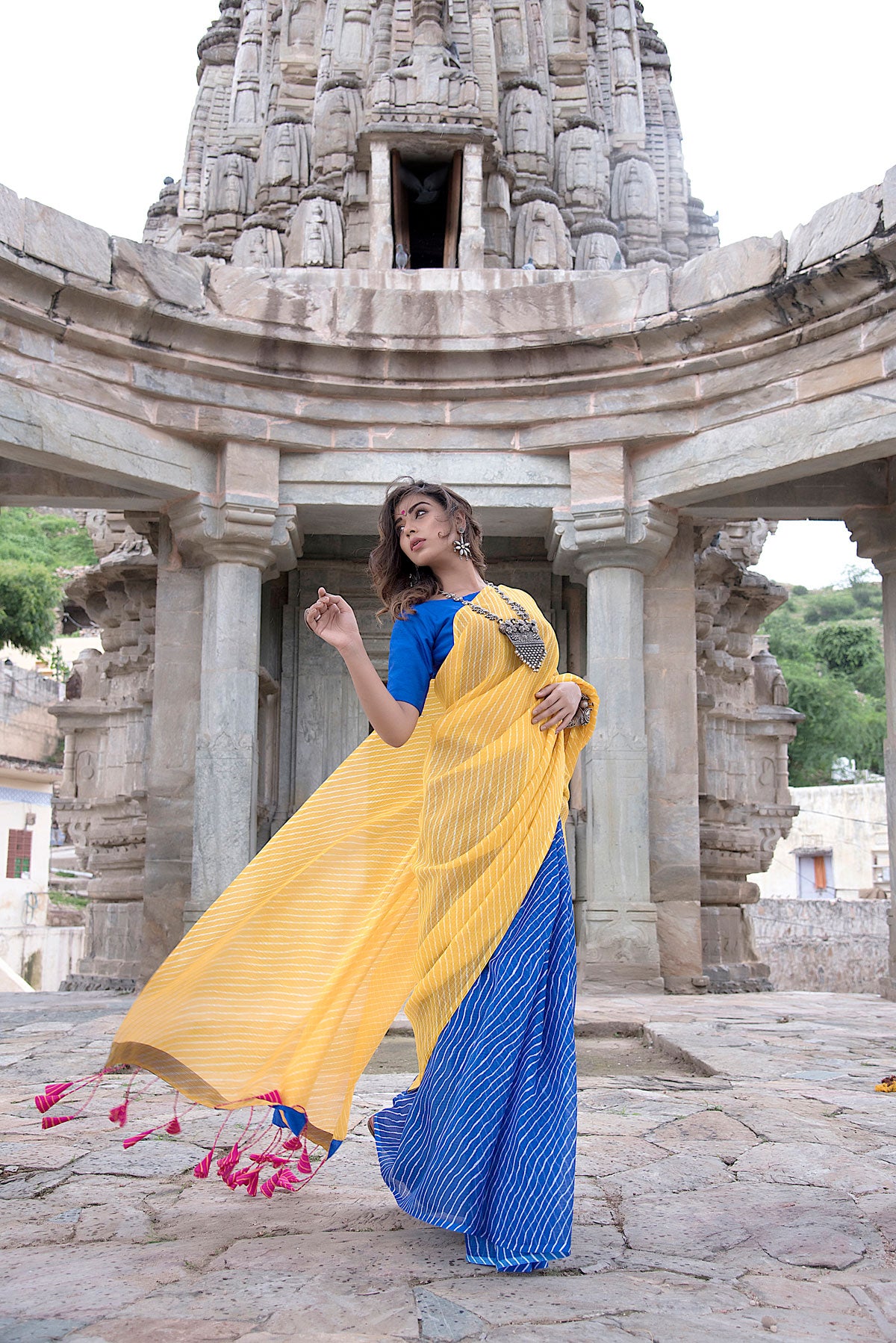 YELLOW BLUE TASSEL SAREE