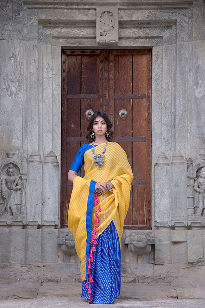 YELLOW BLUE TASSEL SAREE