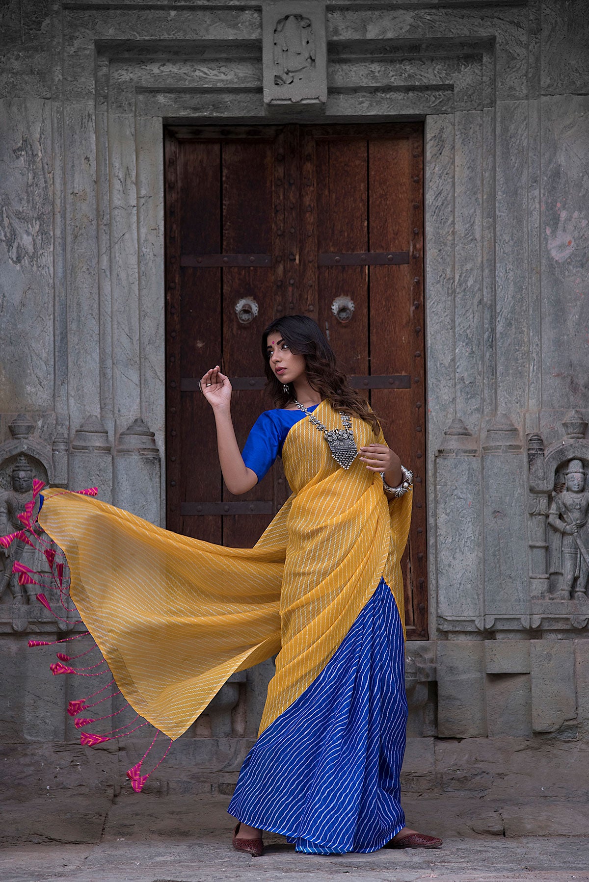 YELLOW BLUE TASSEL SAREE