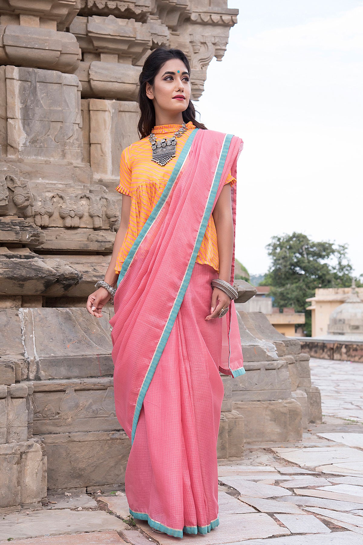 PEACH AQUA GOTA SAREE