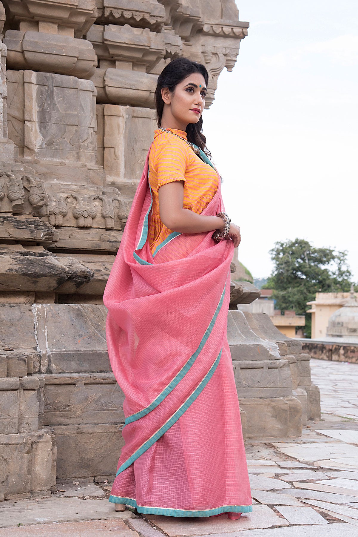 PEACH AQUA GOTA SAREE