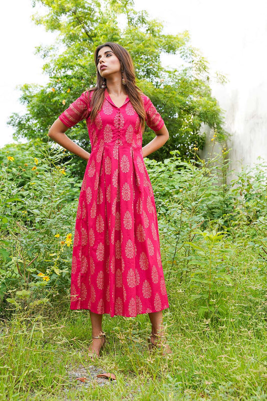PINK BLOCKPRINT COTTON DRESS
